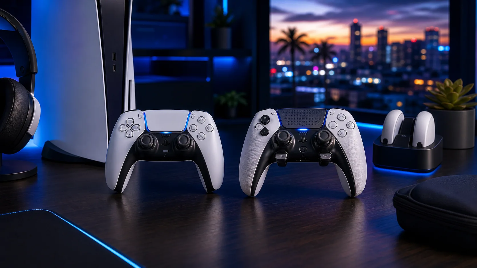Two PS5-style wireless controllers and charging dock for a GTA 6 DualSense controller guide