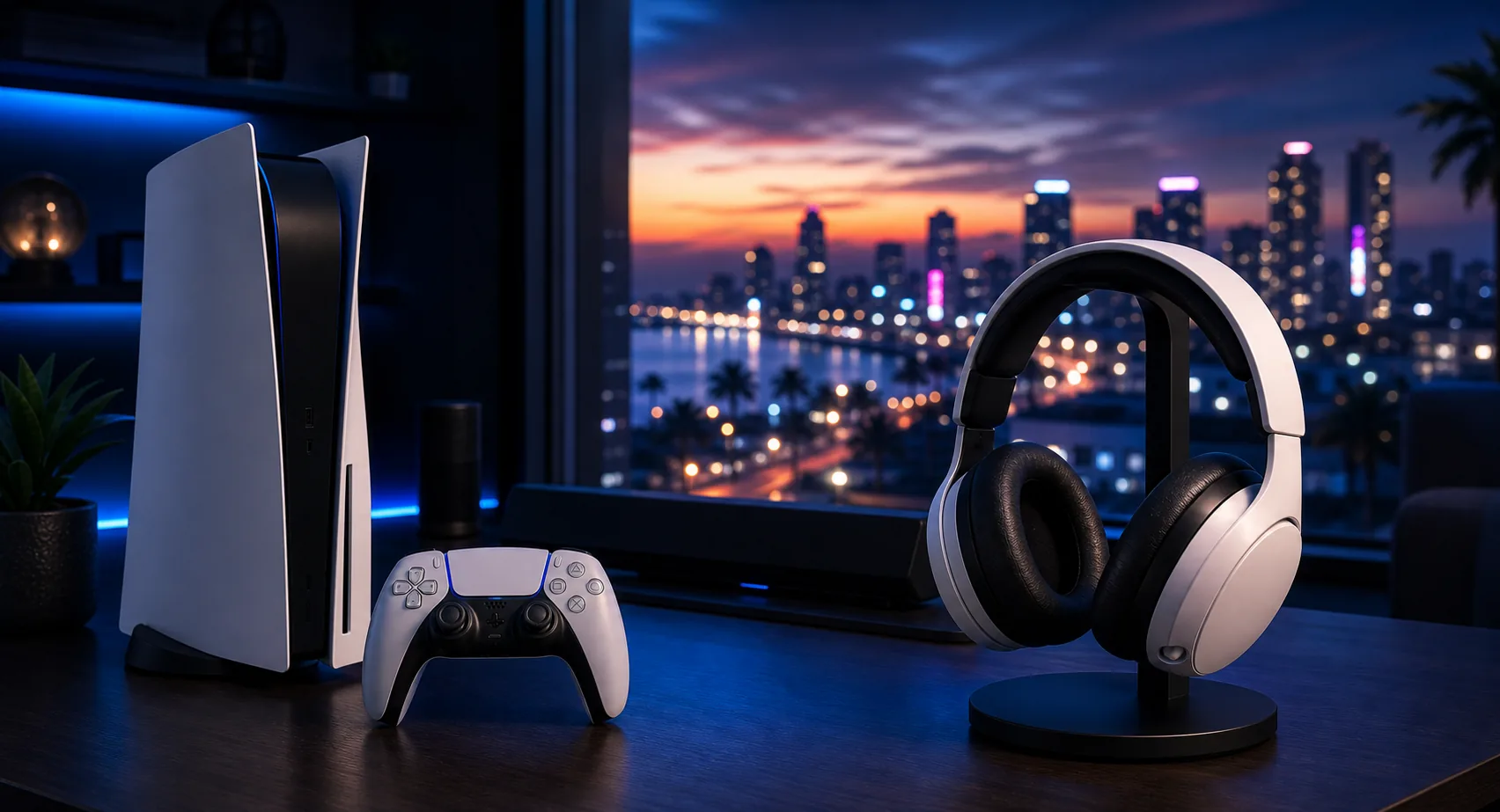 PS5-style console, controller, and wireless headset in a neon gaming room for a GTA 6 audio guide