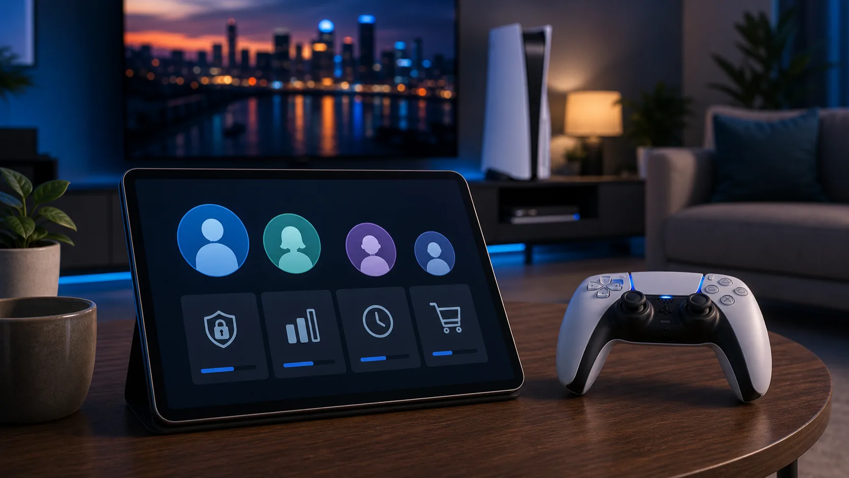 PS5 controller and tablet with abstract account icons for a GTA 6 PS5 family settings guide
