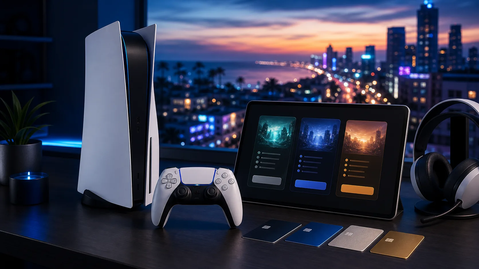 PS5 console and controller beside abstract digital store cards for a GTA 6 PS5 preorder guide