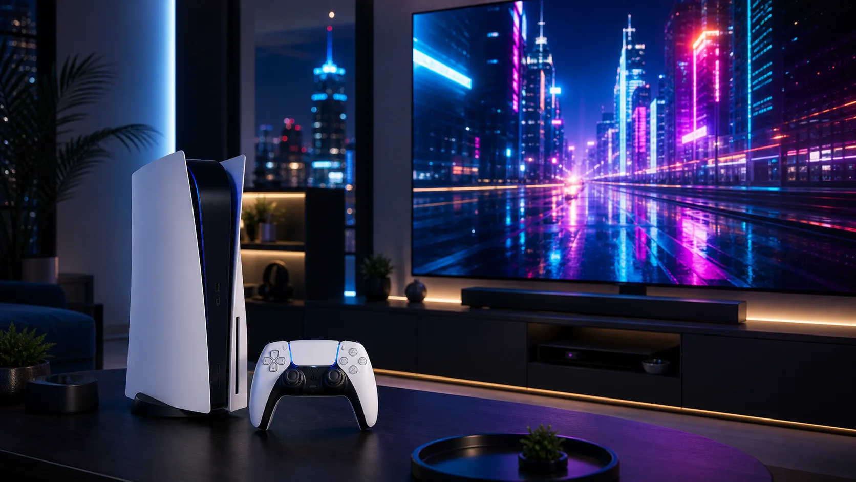 Premium PS5-style console and 4K TV setup with neon city colors for a GTA 6 PS5 Pro guide