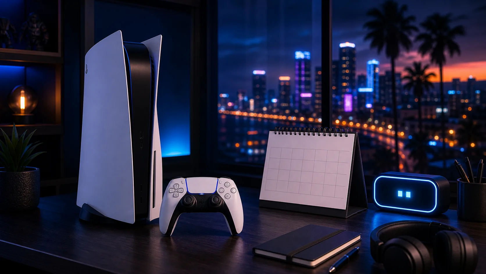 PS5-style console and controller in a night gaming room with abstract countdown mood for a GTA 6 release guide