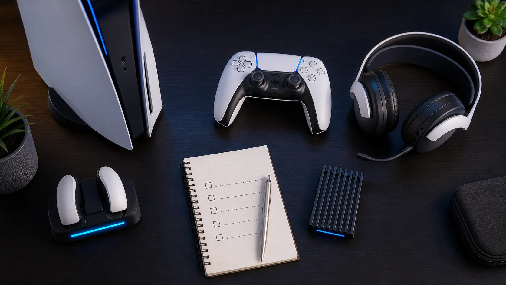 PS5 setup desk with controller, headset, charging dock, and storage accessory for preparing a GTA 6 gaming setup