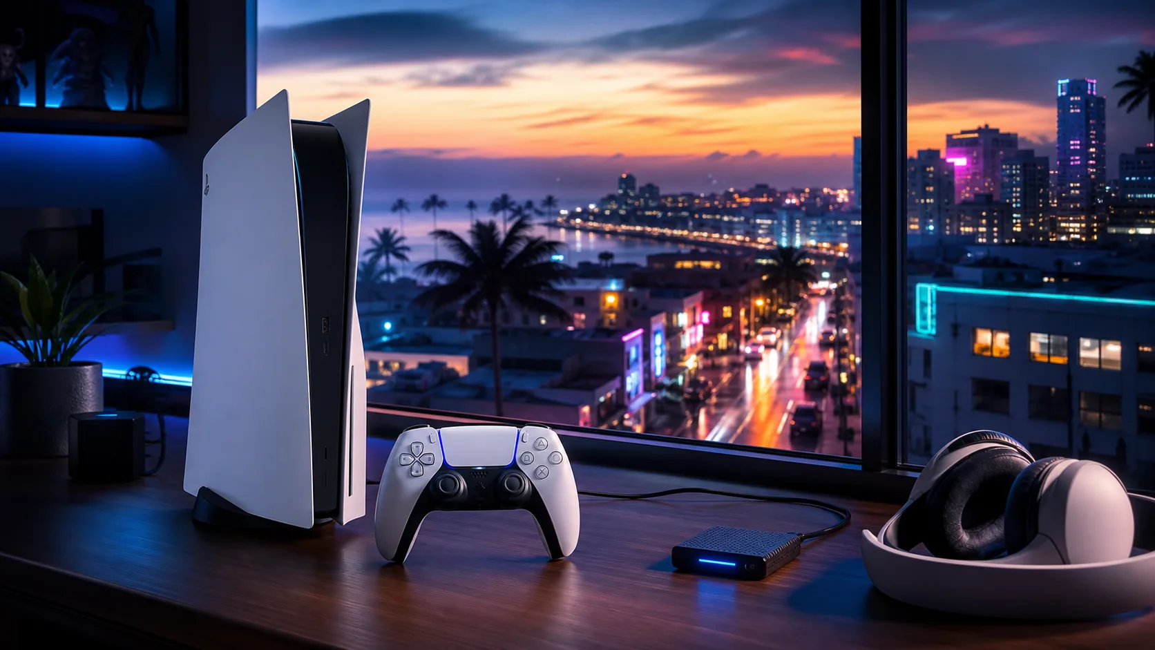 PS5 console and wireless controller on a gaming desk with neon city lights for a GTA 6 PS5 setup guide