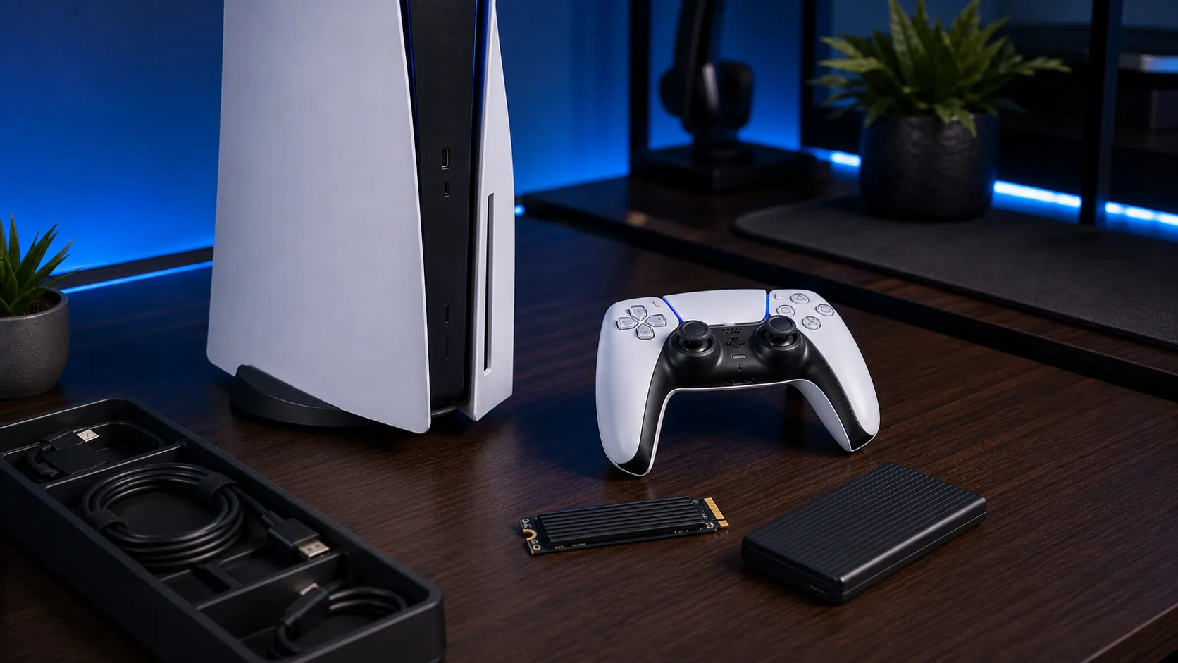 PS5 console setup with controller and compact SSD for a GTA 6 PS5 storage and preload guide