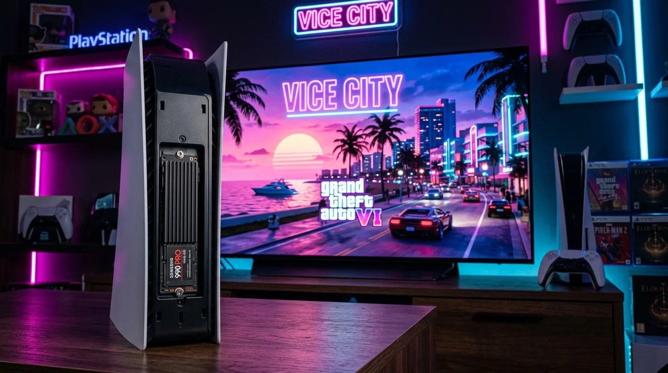 PS5 console with open M.2 SSD storage bay next to 4K TV displaying GTA 6 Vice City skyline