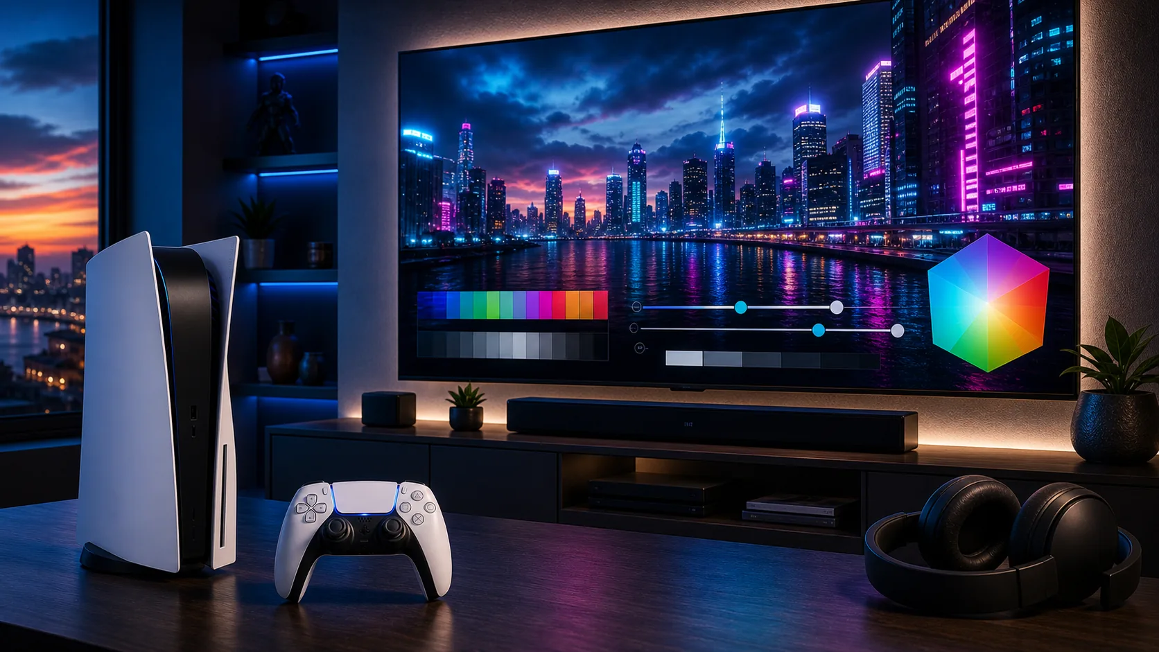 4K TV and PS5-style console setup with abstract HDR colors for a GTA 6 display settings guide