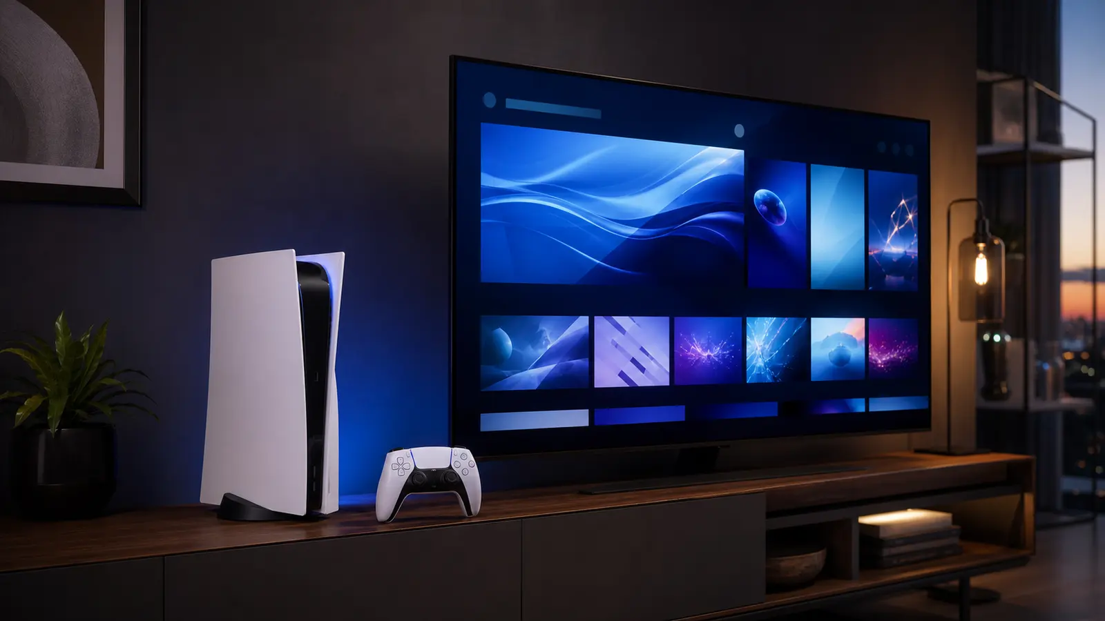 PS5 console and controller beside a television with an abstract game library