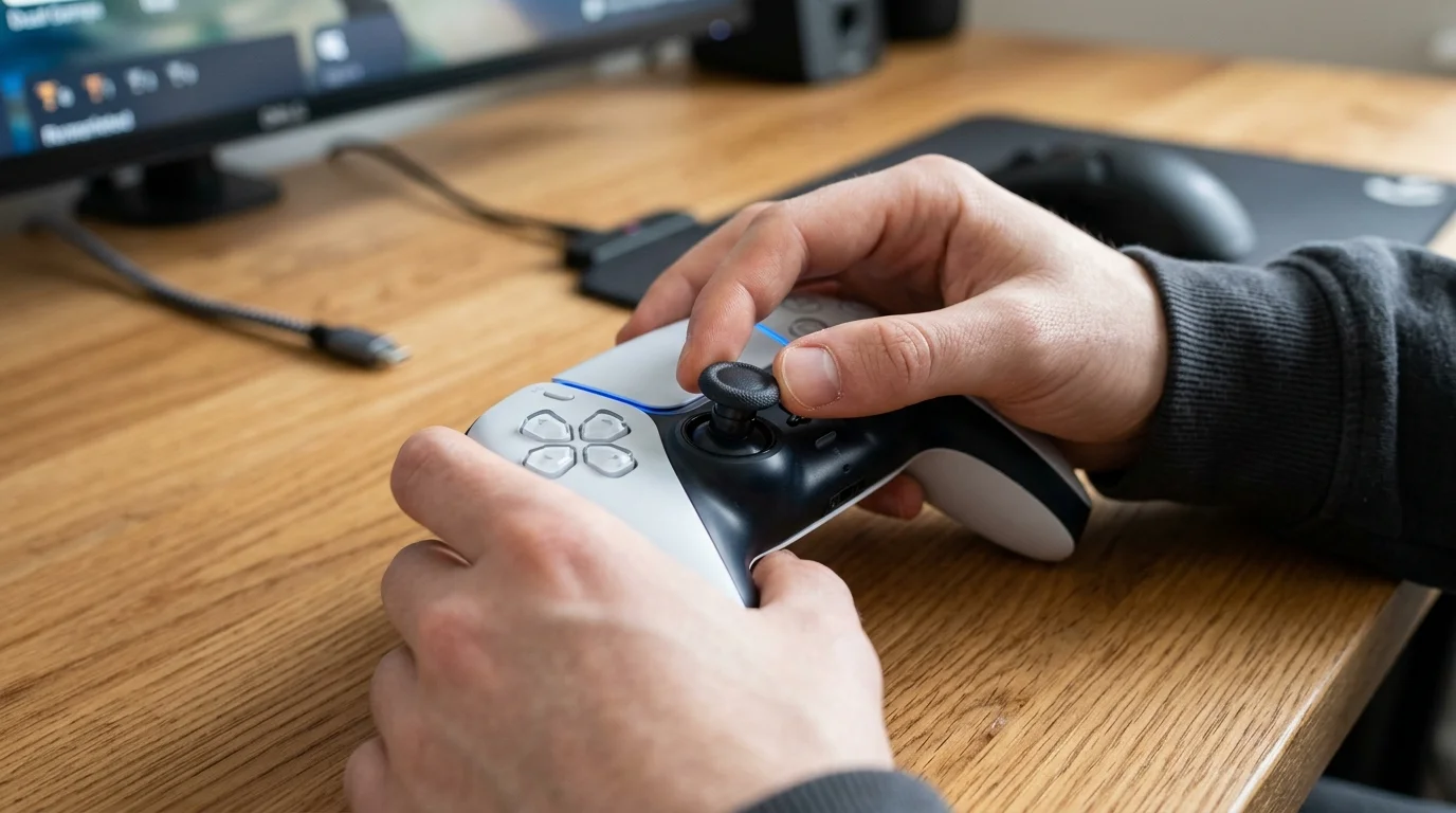 Gamer inspecting and calibrating PS5 DualSense thumbsticks to fix stick drift