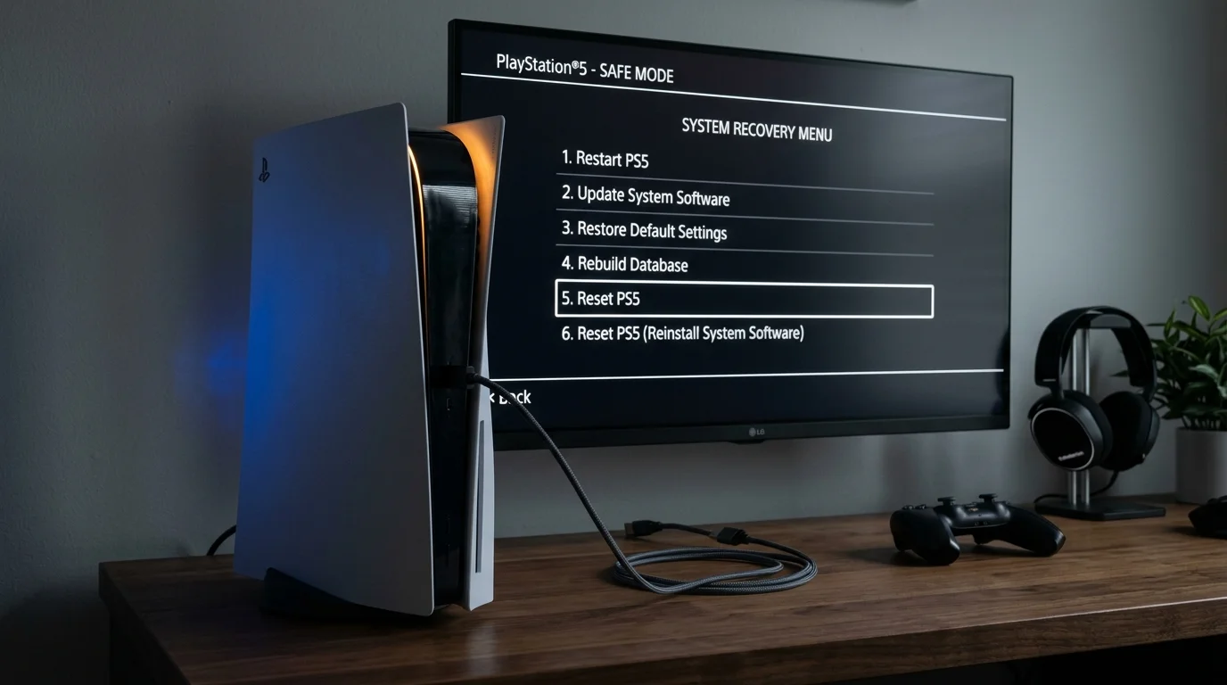 PlayStation 5 console displaying Safe Mode system recovery and database rebuild menu