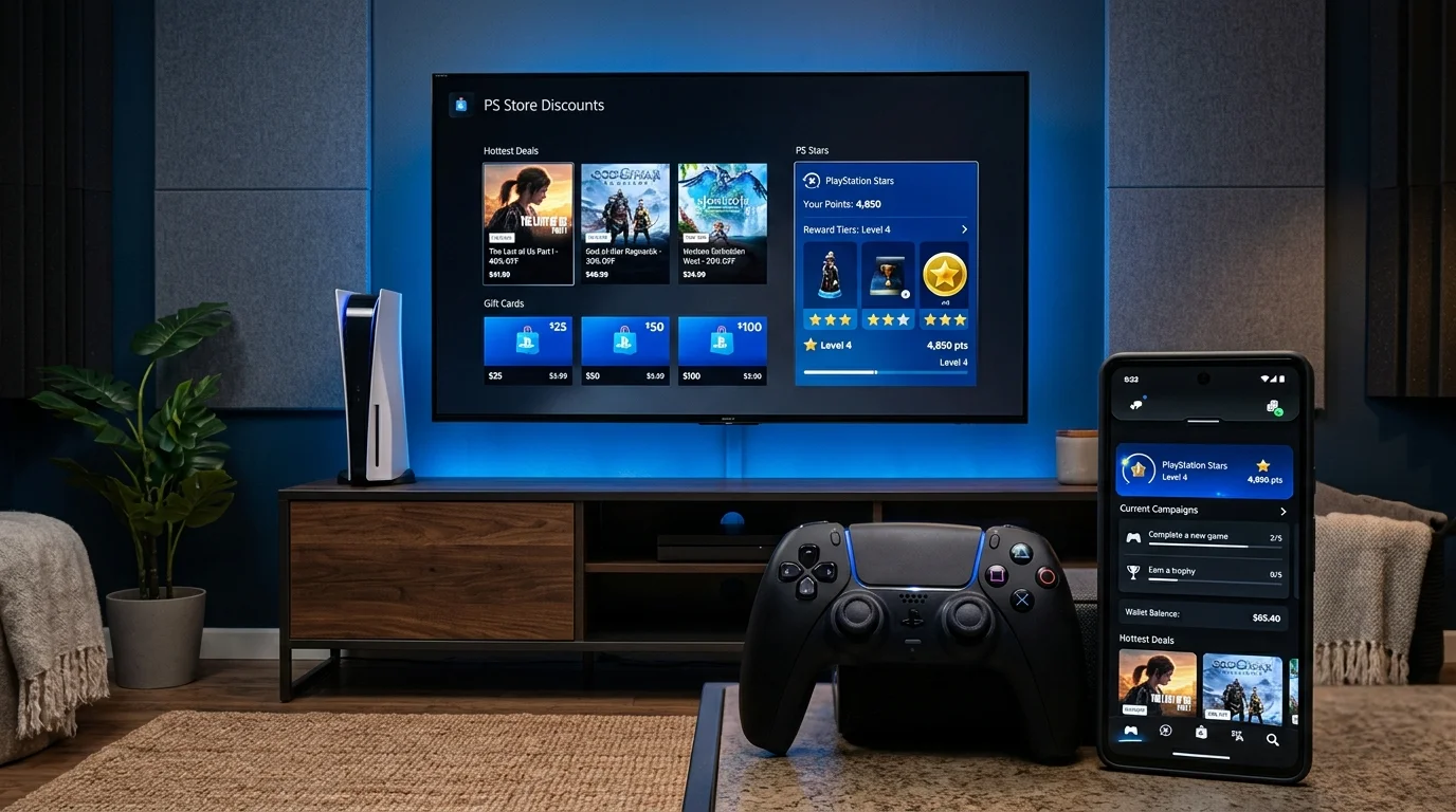PlayStation 5 console and mobile app showing PlayStation Stars rewards and PS Store discounts