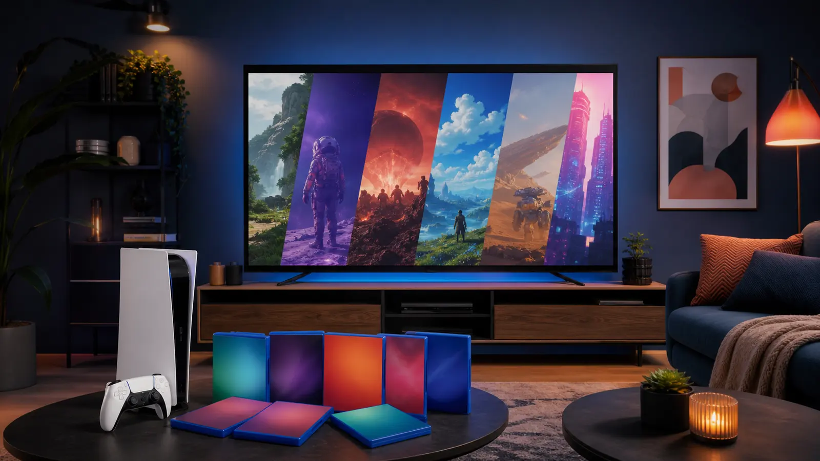 PS5 console, controller, colorful blank game cases, and television with abstract game scenes in a modern room