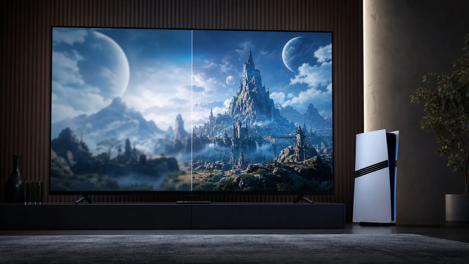 PS5 Pro style console beside a 4K television showing a side-by-side abstract image clarity comparison