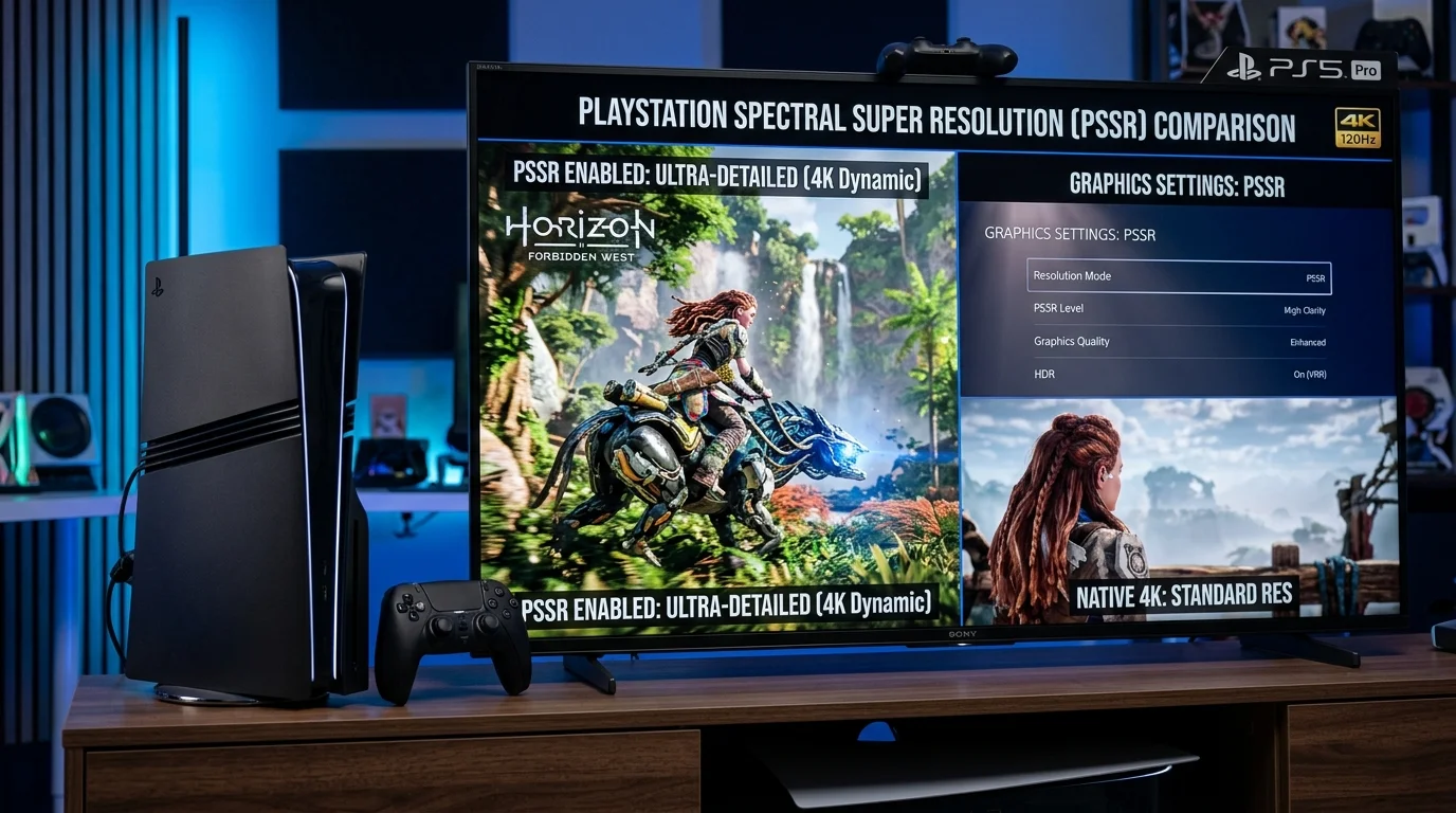 PS5 Pro console alongside modern 4K OLED TV demonstrating PSSR graphics clarity comparison