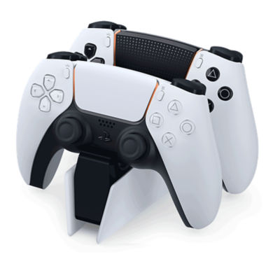 DualSense Charging Station holding two white DualSense controllers
