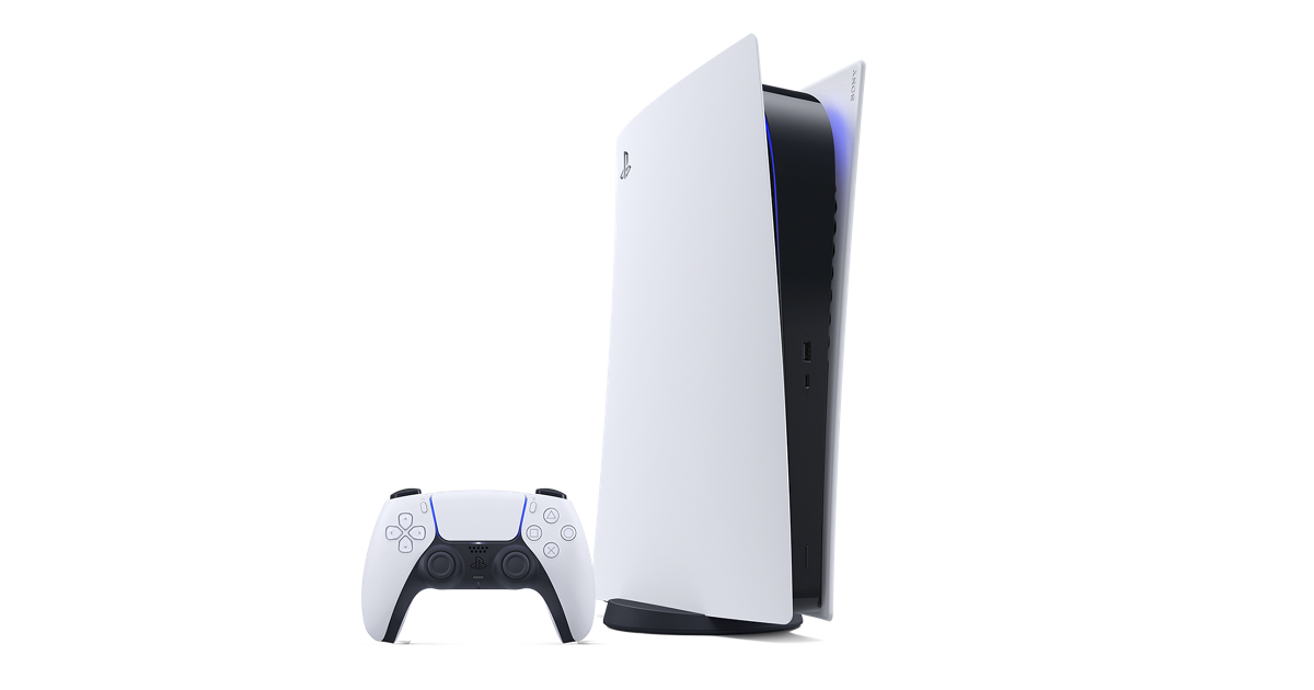 PlayStation 5 console standing next to a DualSense Wireless Controller